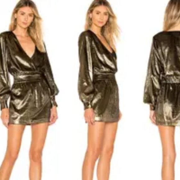 New FRAME Metallic Gold Lame' Velvet Long-Sleeve V-Neck Mini Dress 8 MSRP $595 - Picture 4 of 10